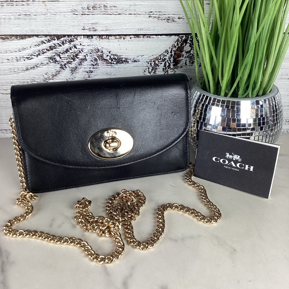 Coach #53277 Black Soft Leather Clutch Wallet with Gold Chain - Picture 2 of 10